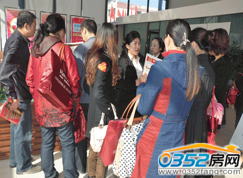 财富官邸置业顾问向顾客介绍楼盘信息