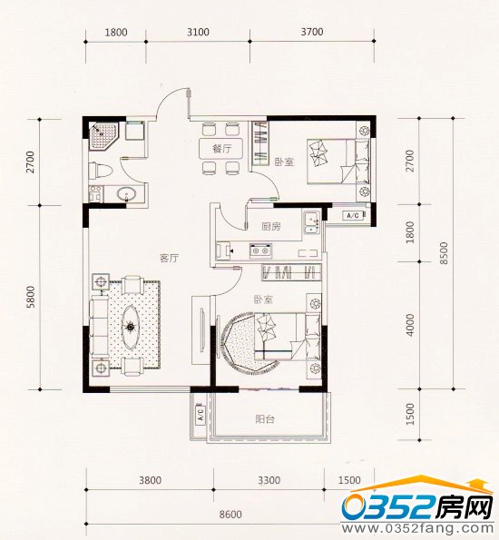 中央美域89.52平米户型图