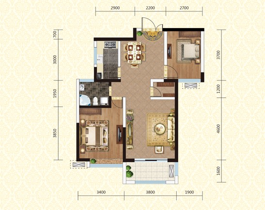 绿地世纪城92.7㎡,两室两厅一卫户型图