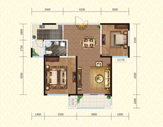 绿地世纪城98.18㎡,两室两厅一卫户型图