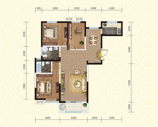 绿地世纪城133.39㎡,三室两厅两卫户型图