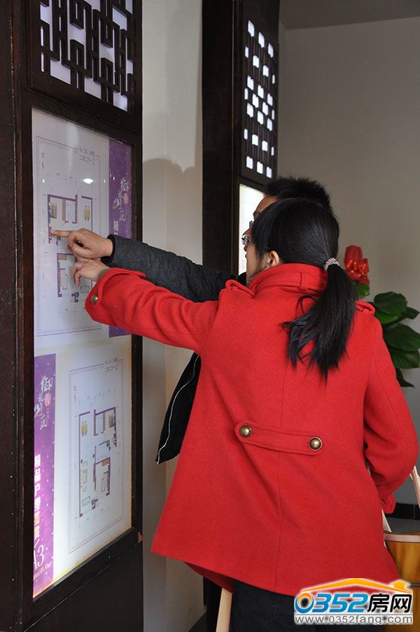 一对年轻夫妇正在研究御龙山庄经典户型